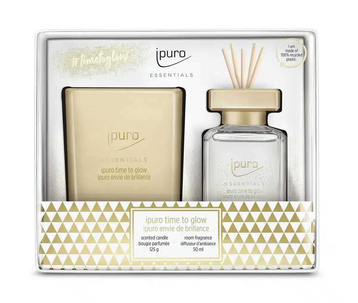 Essentials set met diffuser 50ml en geurkaars 125g Time to glow voor een warme gloed thuis