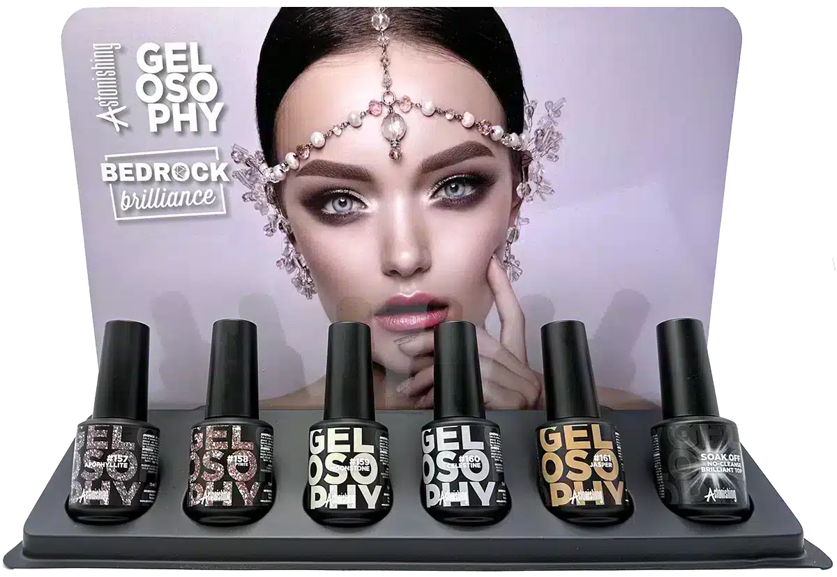 Astonishing Gelosophy Bedrock Brilliance collectie gelnagellak met minerale tinten in 15ml flesjes