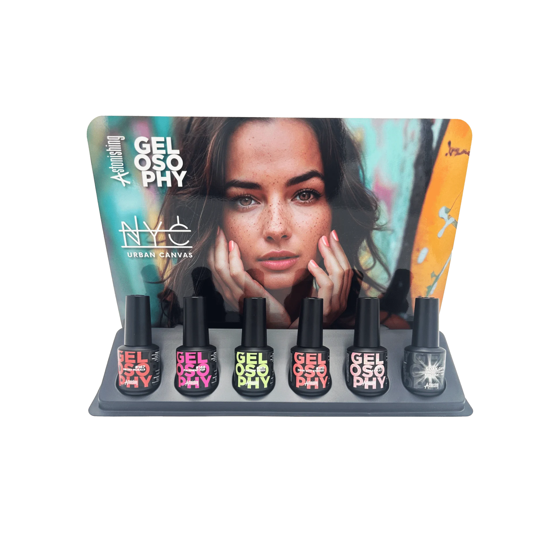 NYC Urban Canvas Collection display met 6 Astonishing Gelosophy gellakken van 15 ml in stadse kleuren