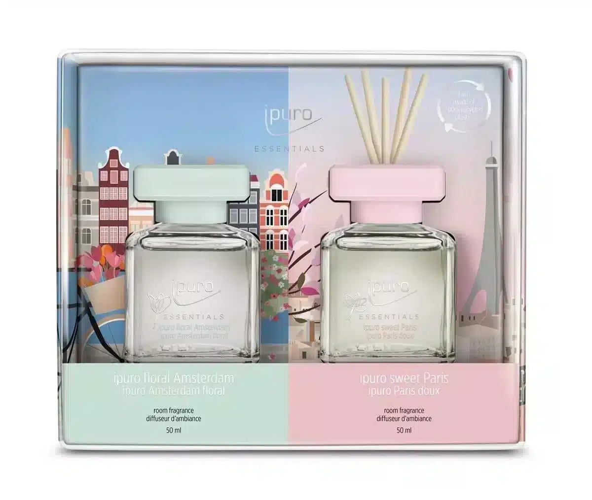 Essentials navulset 2x50ml Paris en Amsterdam voor de geurdiffuser in huis thuis