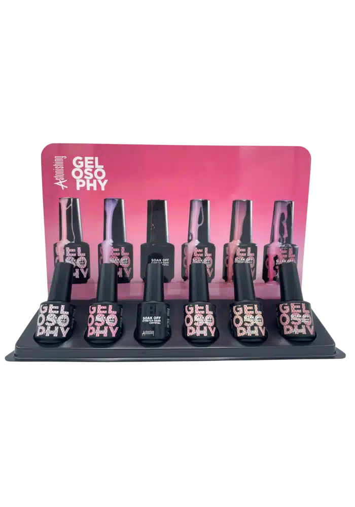 Astonishing Gelosophy Soak Off Stretch Base display met 6 flesjes rubber base voor de nagelsalon