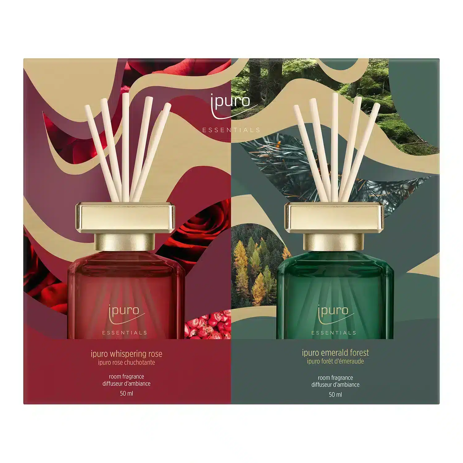 Essentials geurset Whispering Rose & Emerald Forest, twee huisparfums van 50 ml elk