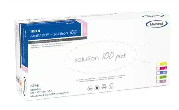 Solution nitril handschoenen PF/NS in roze, poedervrij, maat Medium, 100 stuks per doos