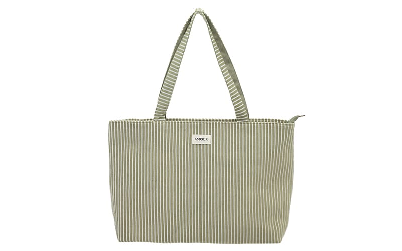 Saverne beach bag in light green and white stripes with AMOUR label