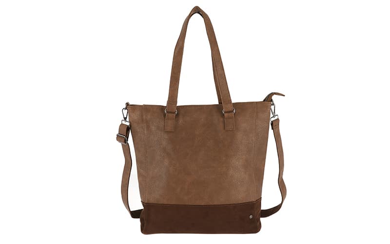 Camel Clever bag in cognac brown with suede-look base and shoulder strap, front view